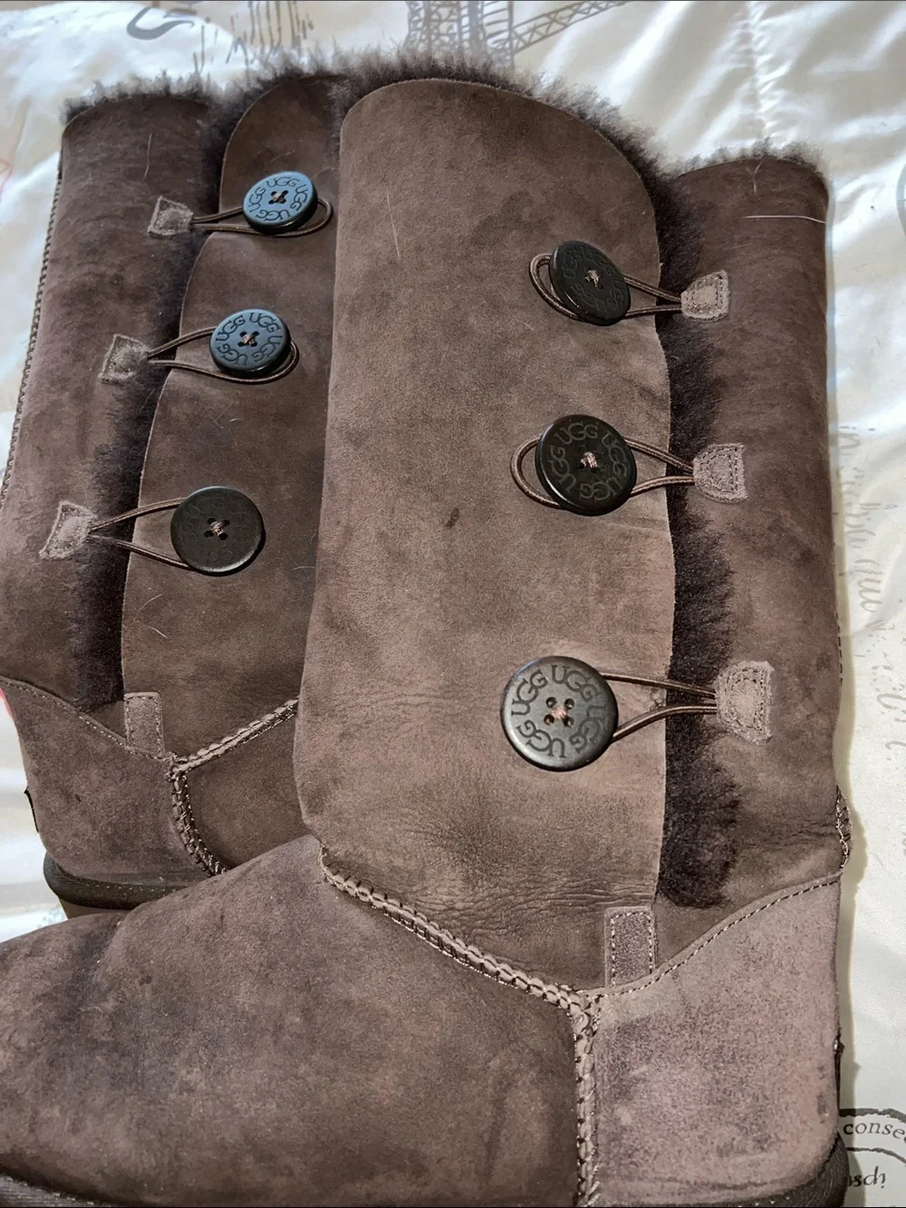 UGG Women's Bailey Button Triplet Black Suede Sheepskin Tall Boots Size 10